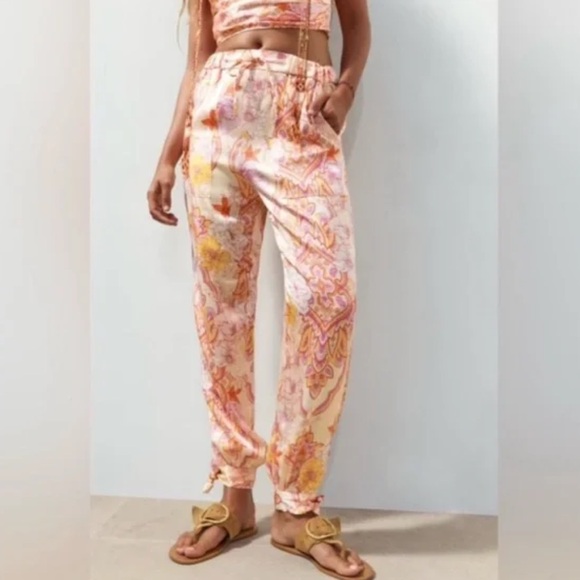 Zara The Sasha Pink Orange Satin Printed Tapered Tie Hem
Pants size S - Picture 1 of 8